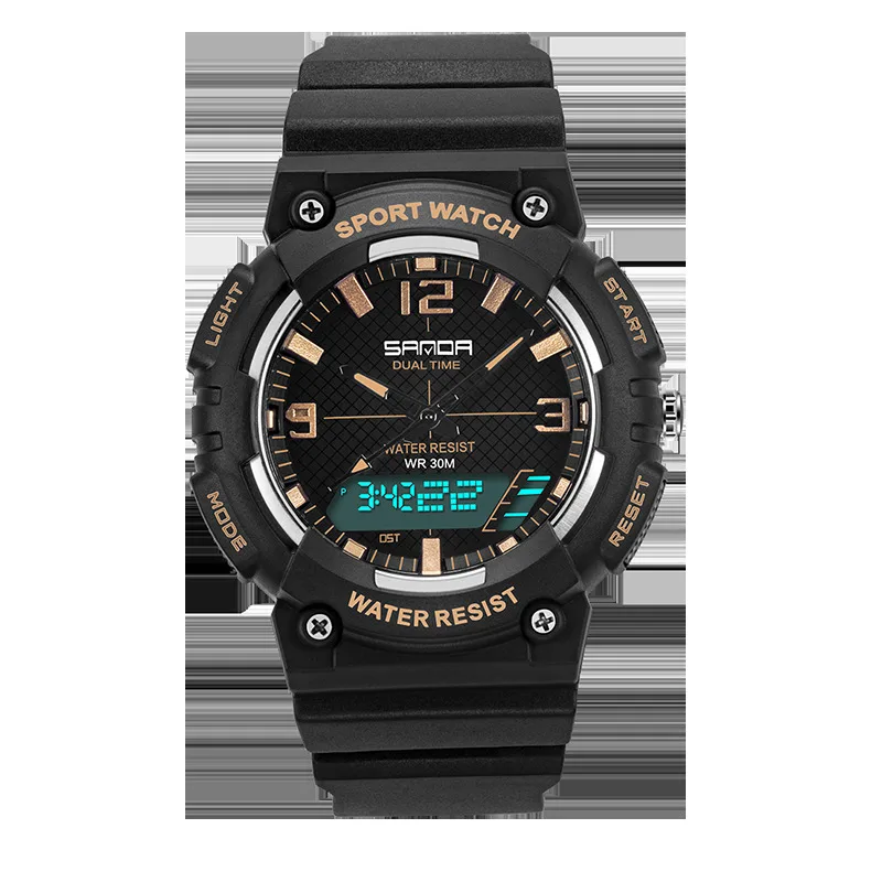 SANDA Shock мужские спортивные 50 м водонепроницаемый светодиодный цифровые военные часы модные уличные Аналоговые кварцевые наручные часы новые часы - Цвет: SA734 gold