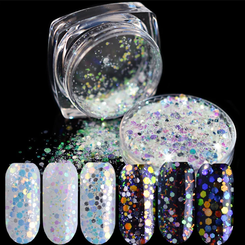 

1Box Holographic Shiny Mixed Nail Art Glitter Hexagon Shape Sequins Pigment 3D Powder Dust Manicure UV Gel Polish Decor JIT00-04