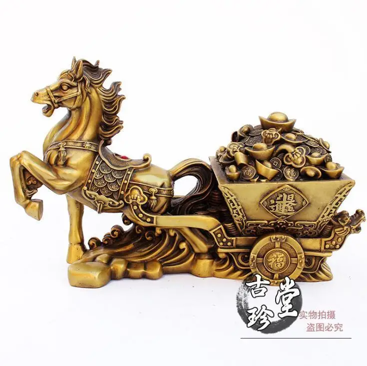 

China Copper Brass Lucky Wealth Money YuanBao Pull Carriage Horse Statue