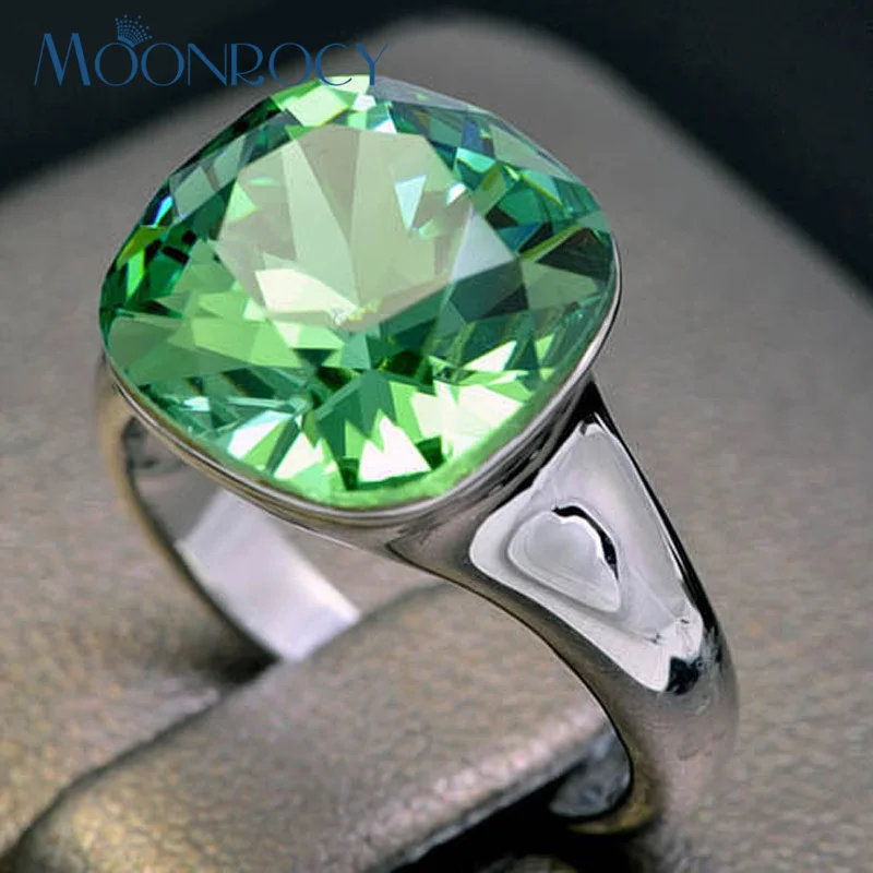 

MOONROCY Free Shipping Cubic Zirconia Fashion Austrian Square Blue Green CZ Crystal Wedding Rings Jewelry Square for Women Gift