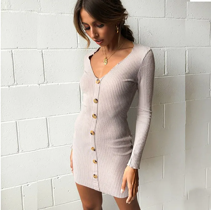 

MSAISS 2019 Spring New European Women's Clothing Sexy V Collar Button Long Sleeve Slimming Dress Casual Lady Dresses