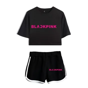 

New BLACKPINK Two Piece Set Summer Sexy 2020 Cotton Print Harajuku T-shirt Woman Suit Shorts Crop BLACKPINK Fashion Tops+Short