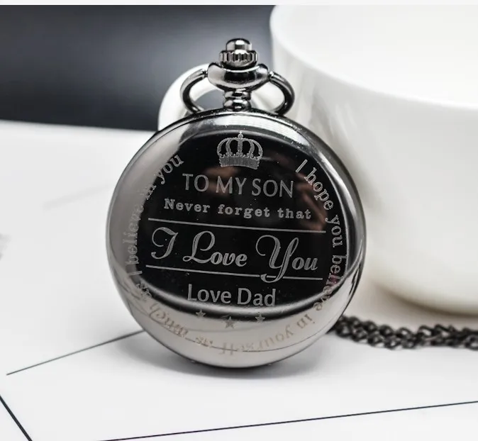 

To Son "I Love You" Love Dad Quartz Pocket Watch Necklace Black Fob Clock Chain Pendant Cute Children Kid Boys Gift