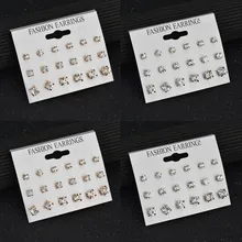 Новые модные серьги со стразами, набор серег с кольцом для ушей, набор из 9 комплектов сережек, женские серьги-гвоздики, ювелирный подарок