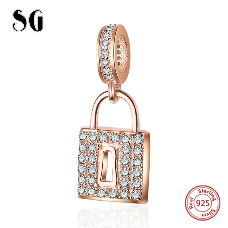 

SG New arrival Sterling Silver Lock beads Rose Gold CZ Charms Fit authentic European bracelets diy Jewelry making for women Gift