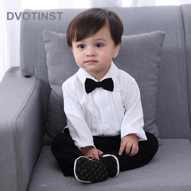 Dvotinst для маленьких мальчиков детская одежда Длинные рукава джентльмен черный комбинезон с галстуком-бабочкой+ пальто, комплект одежды для младенцев и детей ясельного возраста Свадебный комбинезон на день рождения