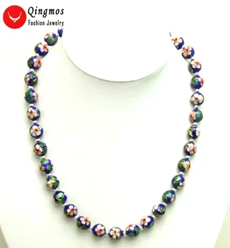 

Qingmos Blue Cloisonne Chokers Necklace for Women with 12mm Blue Round Cloisonne & White Flower 20" Necklace Fine Jewelry-5381