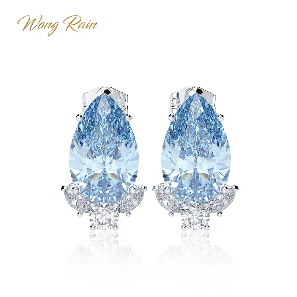 

Wong Rain 100% 925 Sterling Silver Aquamarine Sapphire Gemstone Diamonds White Gold Earrings Ear Studs Fine Jewelry Wholesale