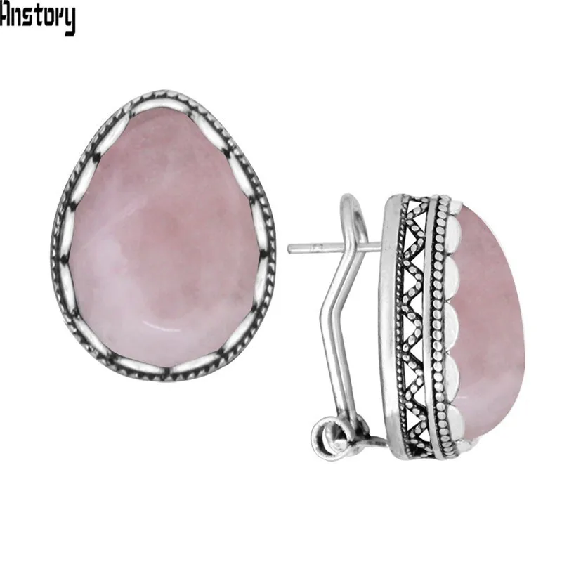 Vintage Water Drop Pink Quartz Stud Earrings For Women Stainless Steel Stud Pin Antique Silver Plated Earrings