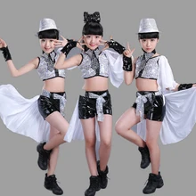 Girls Sequined Modern Jazz Hip Hop Dancewear Tops+Pant Kid’s Party Dance Costumes Stage Wear Jazz Dancewear DS Dancing Costumes