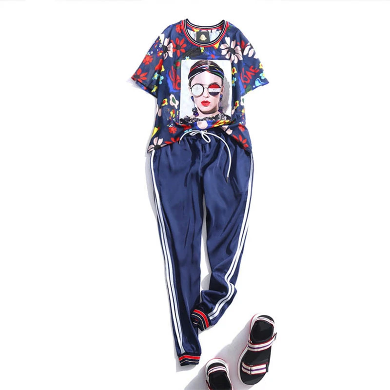 

Two piece set Women Streetwear 2019 Summer New Fashion Print Short sleeve Tops Elastic waist Ankle-Length Pants Casual Women set