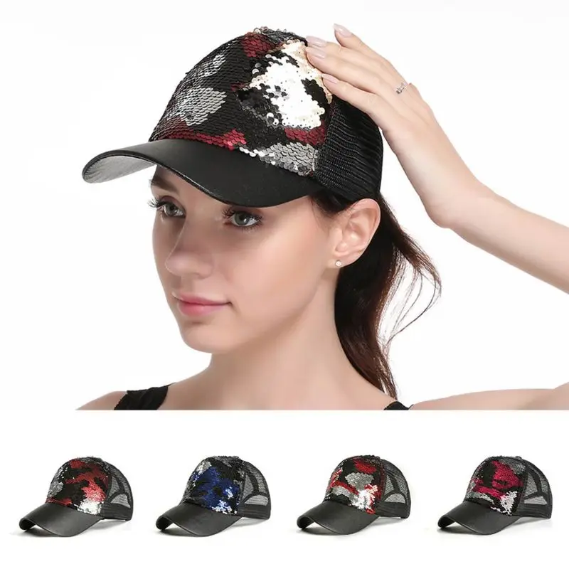 

Womens Unisex Irregular Multi Colors Block Baseball Cap Glitter Fish Scales Sequins Hip-Hop Breathable Mesh Splicing Trucker Hat