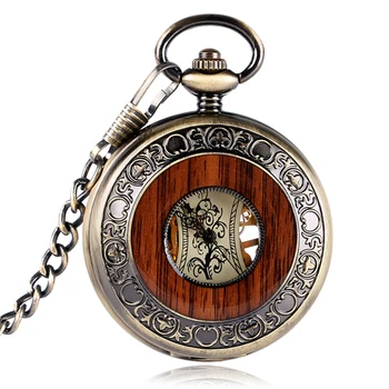 

Retro Roman Numerals Hand-winding Copper Trendy Stylish Chain Mechanical Wood Circle Pocket Watch Men Steampunk Gifts