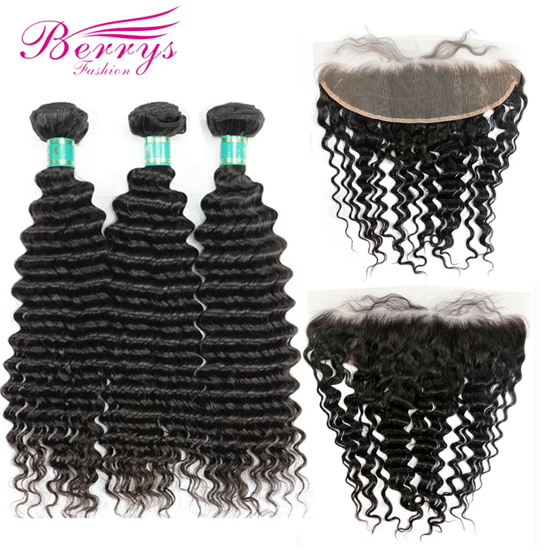 

Berrys Fashion Virgin Hair Deep Wave 3 Bundles with Frontal Closure 13x4 Free Part 100% Unprocessed Malaysia Human Hair Weave