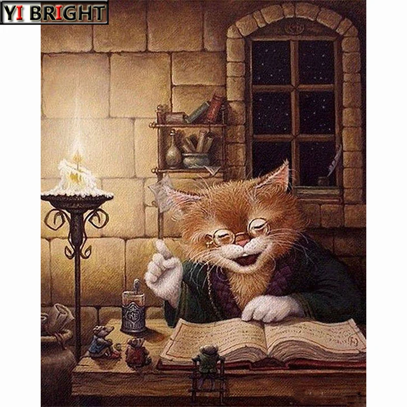 

5D DIY Diamond Painting Cross Stitch Diamond Embroidery round Drill Diamond Mosaic Home Decor kids gift smart cat read book