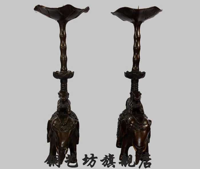 

11'' China Bronze Feng Shui A pair Elephant Sheep Candlestick Statue