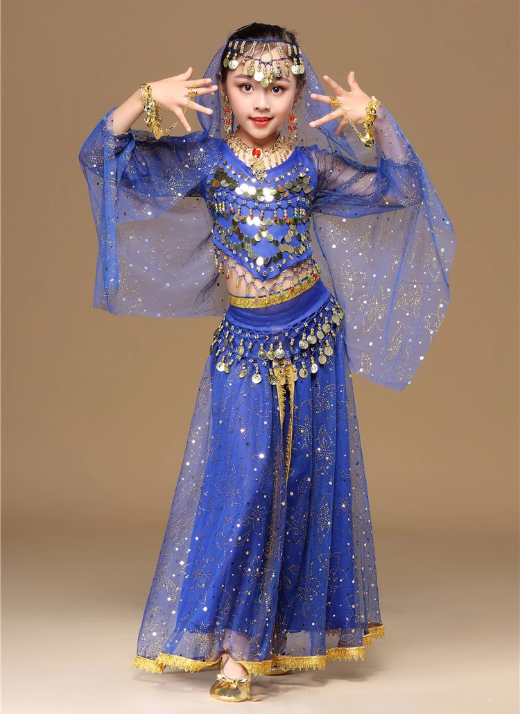 2018 Детская Одежда для танцев танец живота костюм комплект Индийский одежда болливудская одежда 4 шт. (Топ Пояс юбка вуаль головной убор)