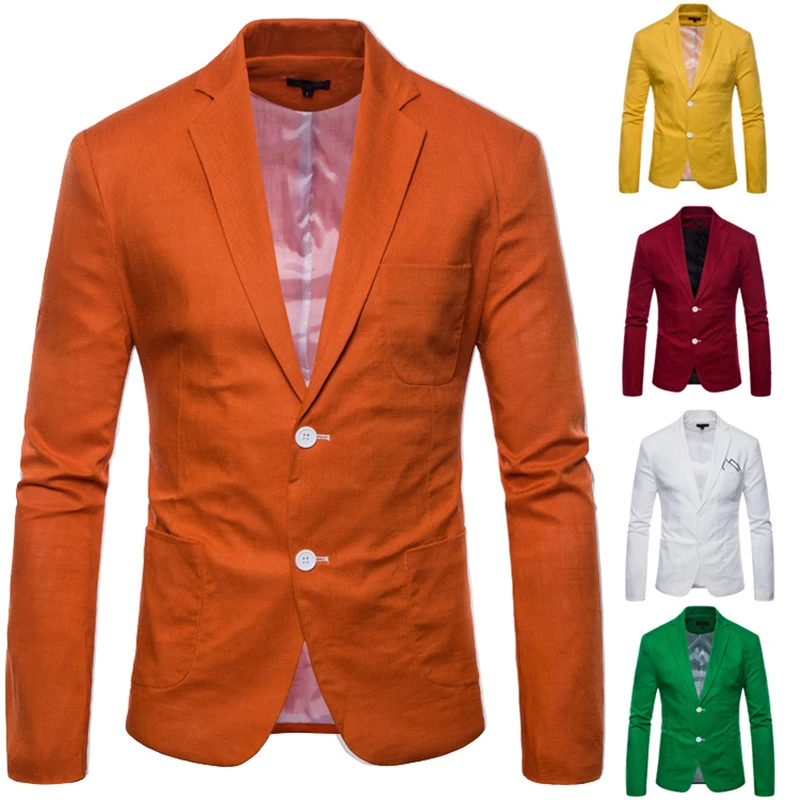 Карамельный цвет дышащий тонкий летний пиджак мужской льняной Блейзер Повседневный приталенный зеленый оранжевый синий черный белый