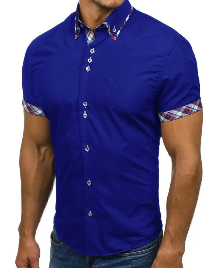 WSGYJ мужские рубашки брендовые модные однотонные повседневные рубашки с коротким рукавом хлопковые дышащие рубашки Черная мужская одежда - Цвет: Royal Blue Shirt