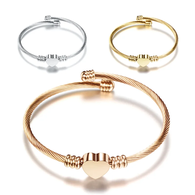 

Fashion Stainless Steel Twisted Cable Wire Heart Bracelet Bangle Vintage Unique Christmas Cuff Bracelets Women Jewelry
