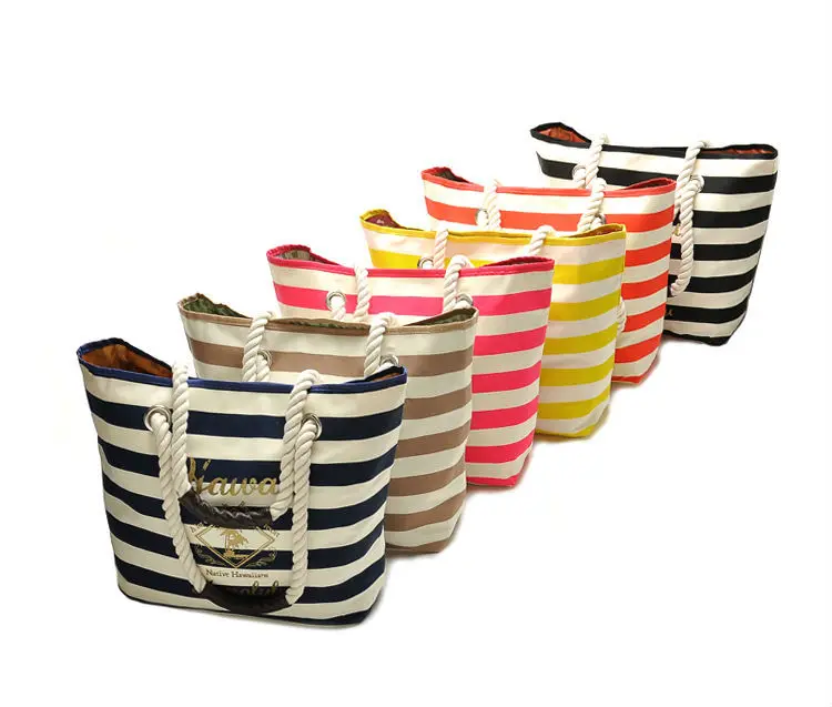 Thick Rope Handle Canvas Tote Bag Colorful Stripes Handbag Large