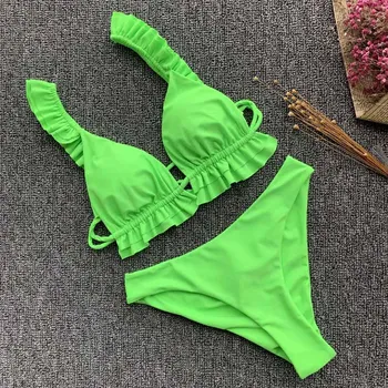 

Sexy None Green Bikini 2019 New Bandeau Swimsuit Female Women Swimwear Push Up Bikini Brazilian Bather Ruffled Bathing Suit 5134