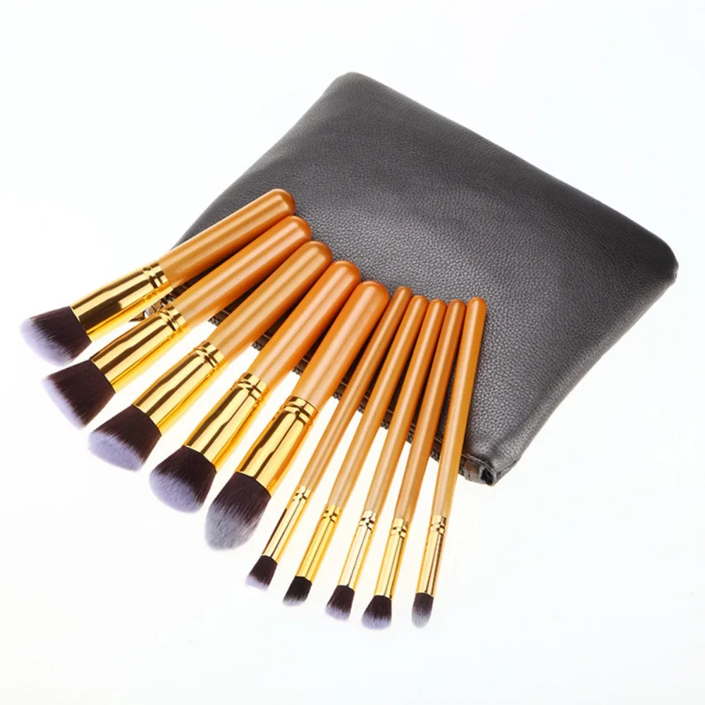 

Superior Soft Cosmetic Make Up Brush Set 10Pc Gold Synthetic Kabuki Makeup Brushes Blending Blush Makeup Tool With PU Makeup Bag