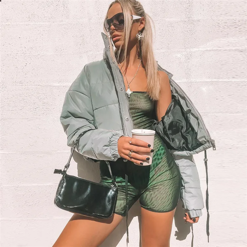 

Fashion Cropped Short Reflective Jackets Women Autumn Winter Thick Warm Coats Sexy Streetwear Bomber Jackets Coats High Quality