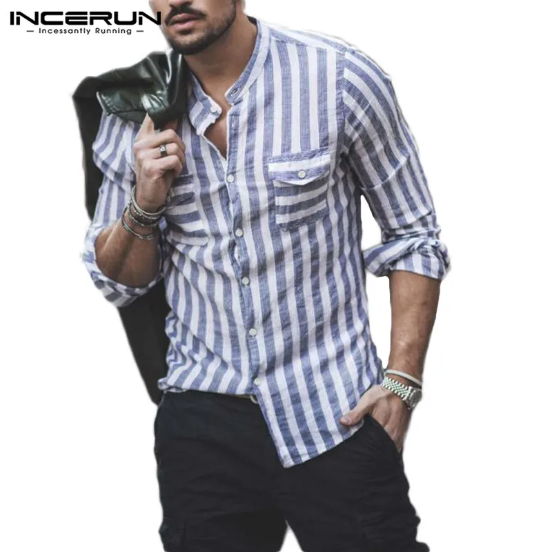 

INCERUN Long Sleeve Stand 2020 Men Shirt Collar Summer Striped Pocket Fashion Literary Street Clothing Brand High Quality Camisa