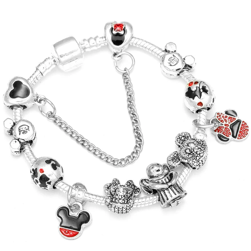 Boosbiy Dropshipping Cute Mickey Minnie Charm Bracelet For Women Kids With Silver Snake Chain Brand Bracelet Christmas Jewelry