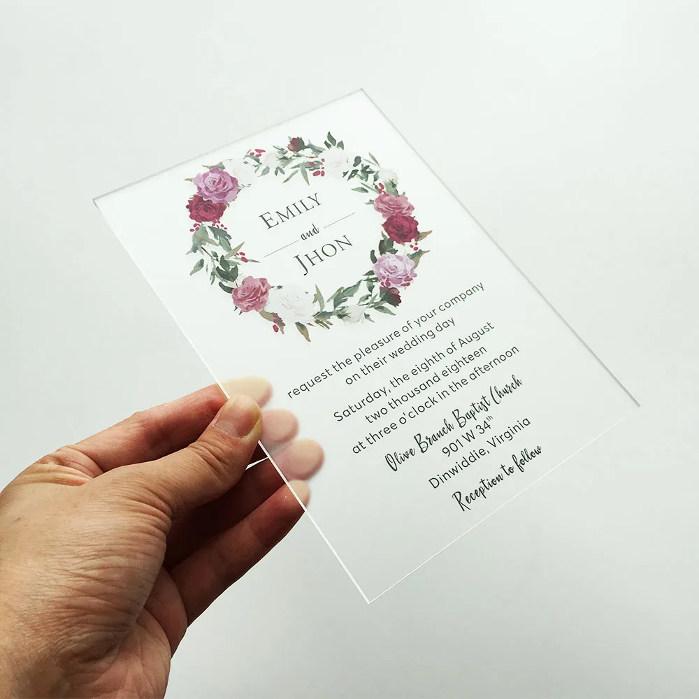  50sets Per Lot Customized Rustic Floral Watercolor Style 5x7inch Frosted Acrylic Wedding Invitation - 32864956784