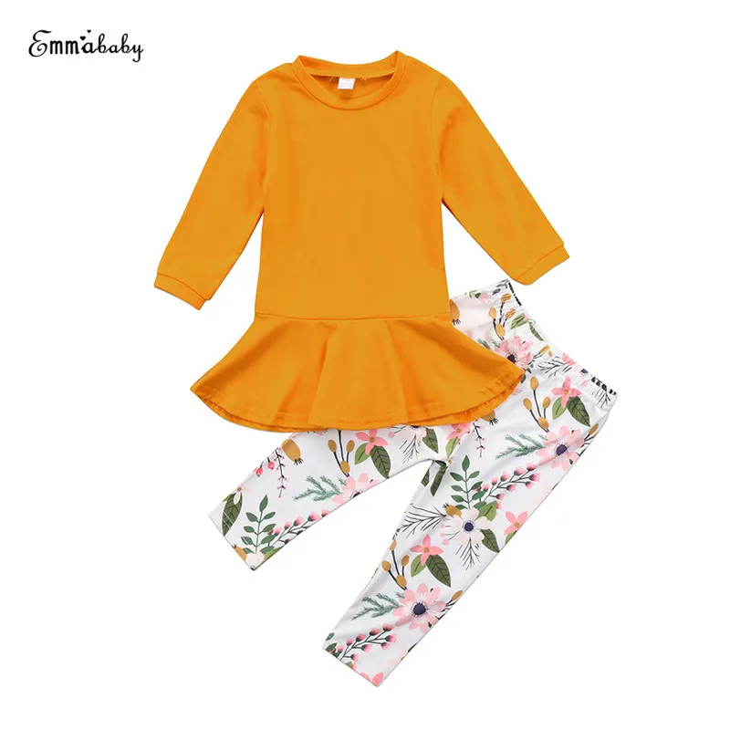 

Lovely Children Girls Outfit Long Sleeve Orange Mini Dress Tops Floral Pant Legging 2PCS Toddler Kids Clothing Set 2-7Y
