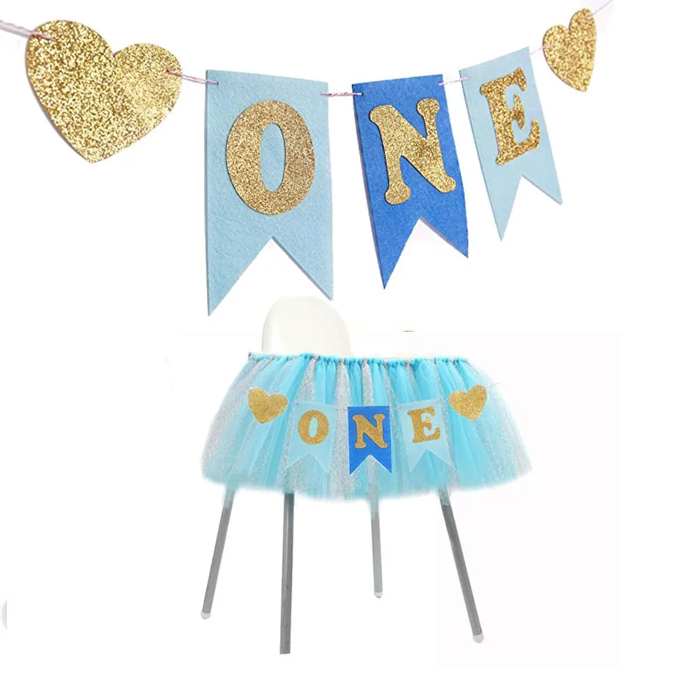 

Baby Boy Girl First Birthday Blue Pink Chair Banner ONE Year 1st Birthday baby shower Party Decoration I AM ONE Bunting Supply