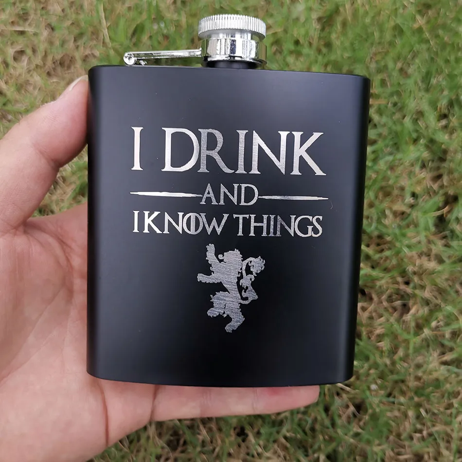 6 унций фляжка-Игра престолов "I Drink and I Know Things" с порошковым покрытием из нержавеющей стали steelLaser Выгравированная идея для фанатов GOT