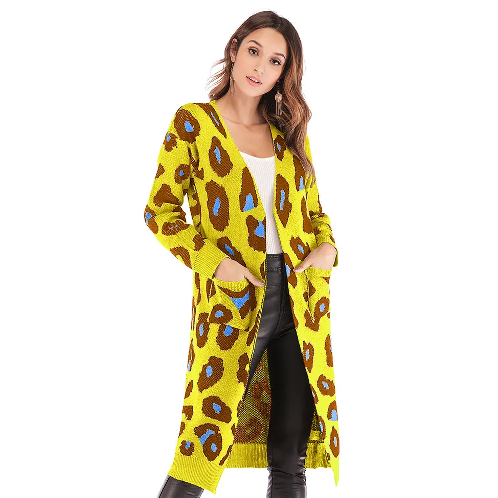 Women Spring Summer Leopard Cardigan Long Section Sweater Fashion Causal Loose Tops Knitting Christmas Pattern |
