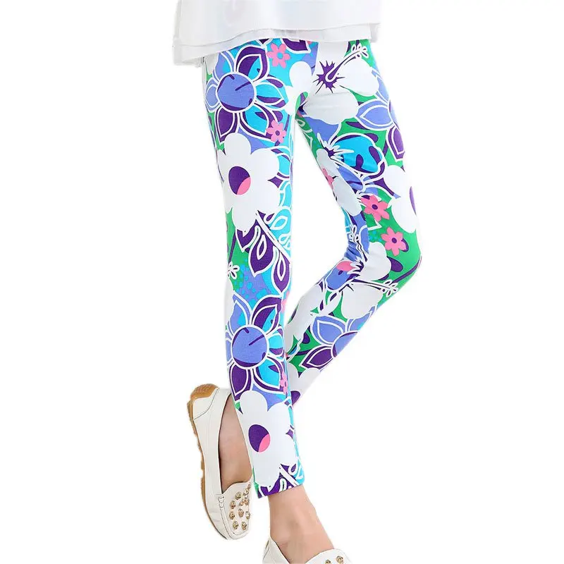 Детские леггинсы для девочек, 6 цветов, эластичные длинные штаны с цветочным принтом для детей 2-14 лет - Цвет: E