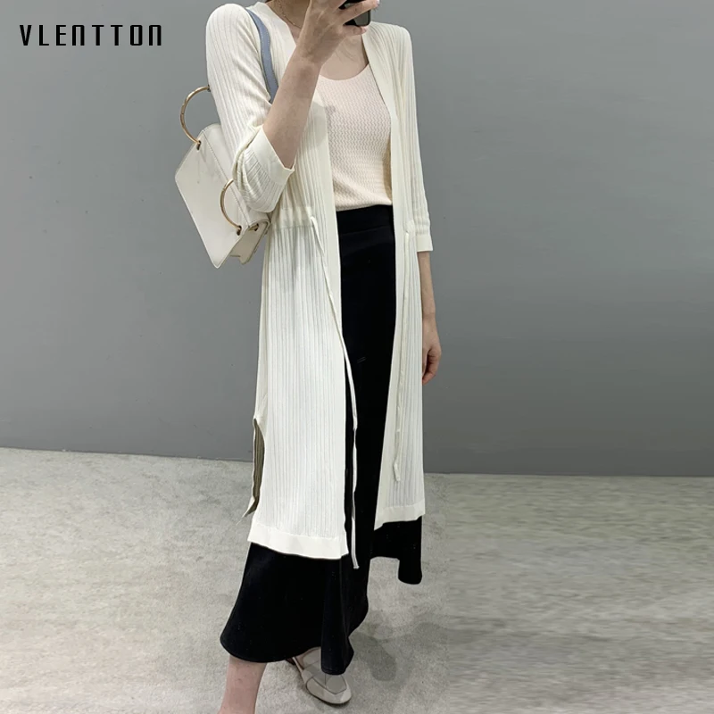 

2019 Fashion Spring Summer Knitted Long Cardigan Women Casual 3/4 Sleeve Lacing Slim Solid Thin Knitted Outerwear