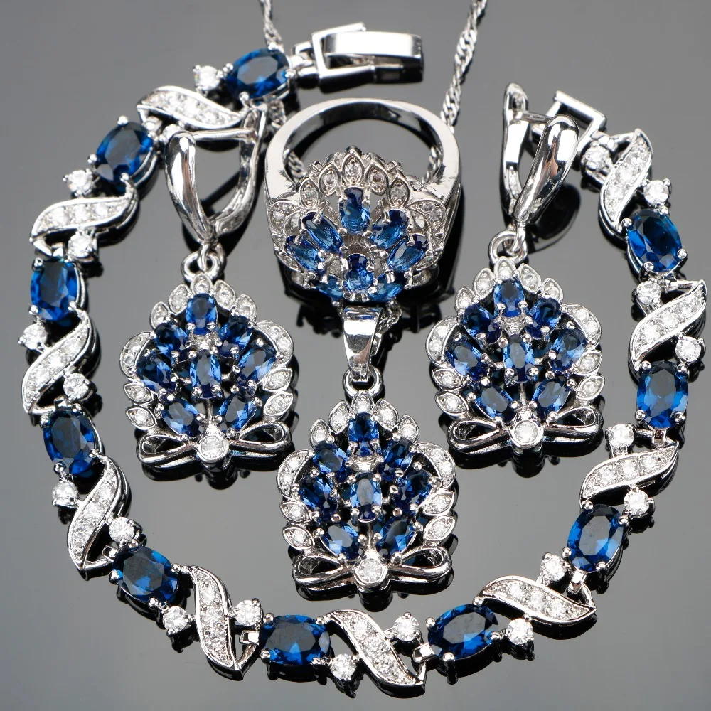 Серебро 925 Синий Циркон Ювелирные наборы для женщин Свадебные украшения с камнями серьги подвески ожерелья Кольца Браслеты Набор подарочная коробка