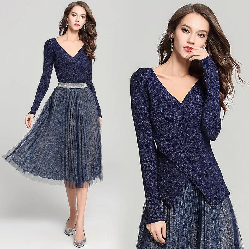 

Winter designer women's clothing set skirt suit office ladies Sweater+ mesh skirt suits