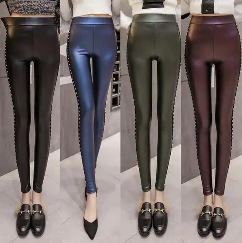 

fashion women pants Winter Velvet women's pants PU Leather leggings Women Rivets Pencil Pants S-XXL Ladies skinny pants LJ771