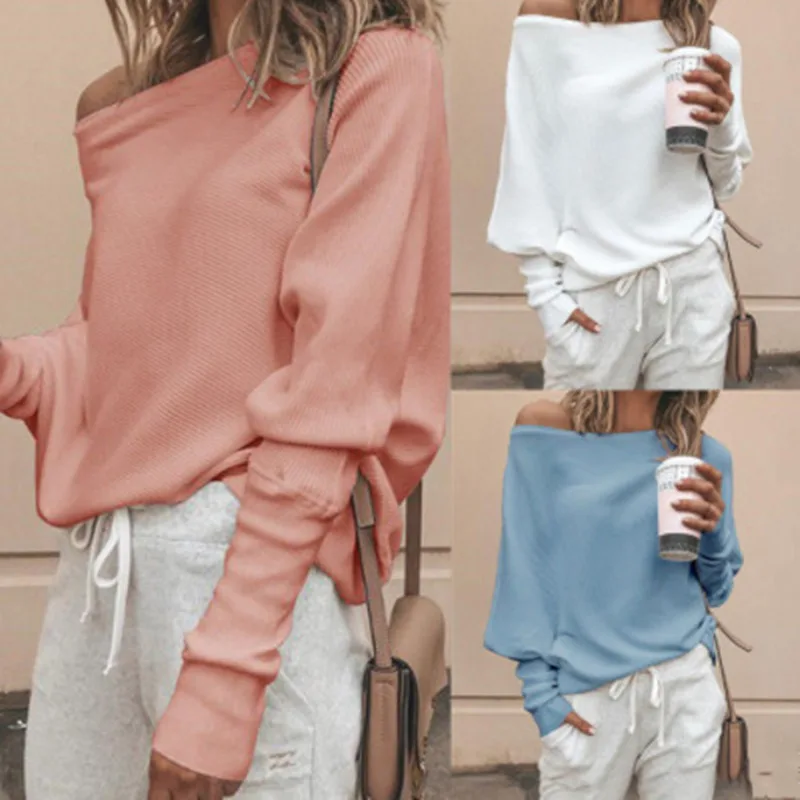 

Women Autumn Off Shoulder Sexy Pullover Batwing Sleeve Loose Jumper Top Casual Knitted Sweatshirt