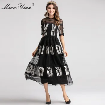 

MoaaYina Fashion Designer Runway dress Spring Women Dress Half sleeve Mesh Embroidery Floral Black Elegant Ball Gown Dresses