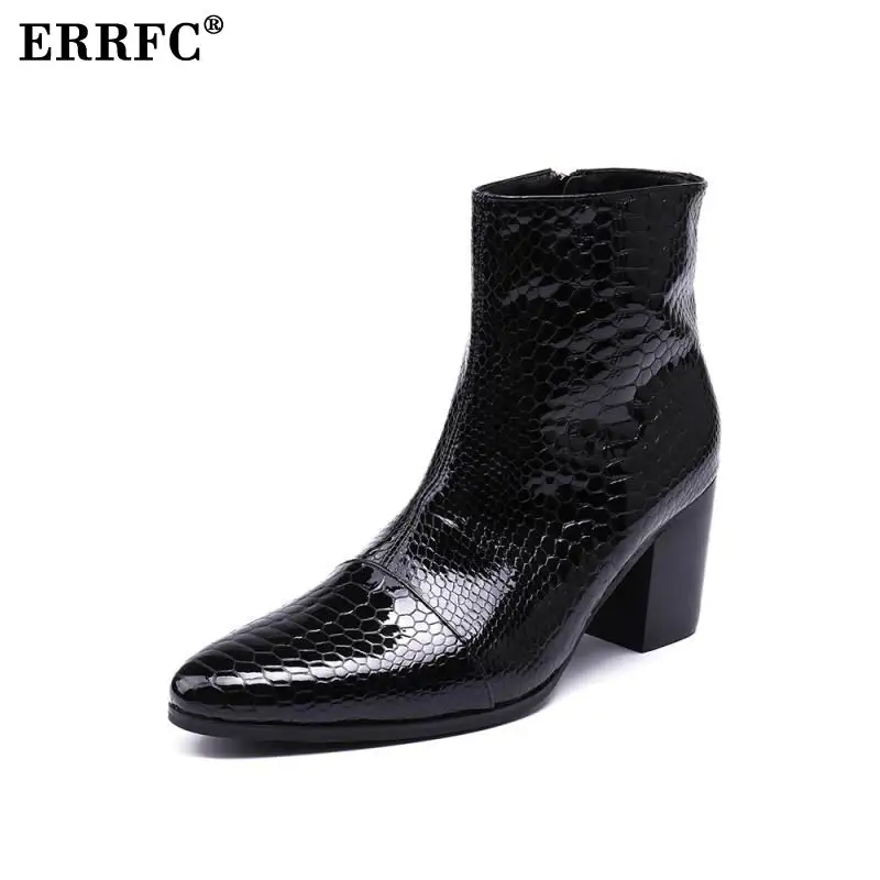 

ERRFC Personalized Men Black Leather Shoes High Top Fashion Designer Python Snake Pattern Mid Calf Boot Patent Leather High Heel