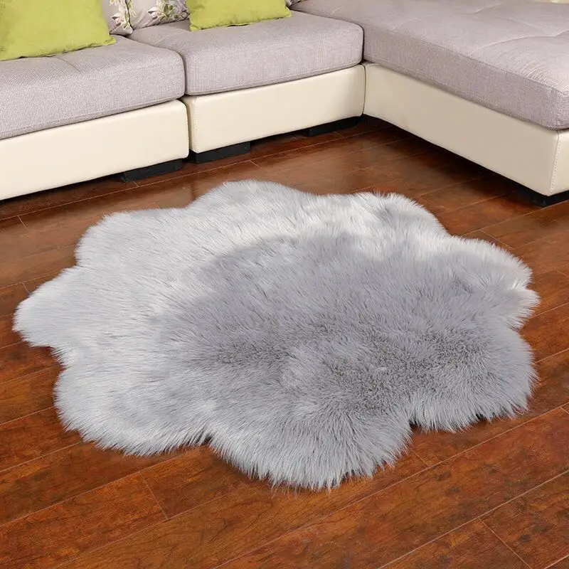 Faux Fur Floor Rug Flower Shaped Luxury Mat White/Grey/Blue Round Plush