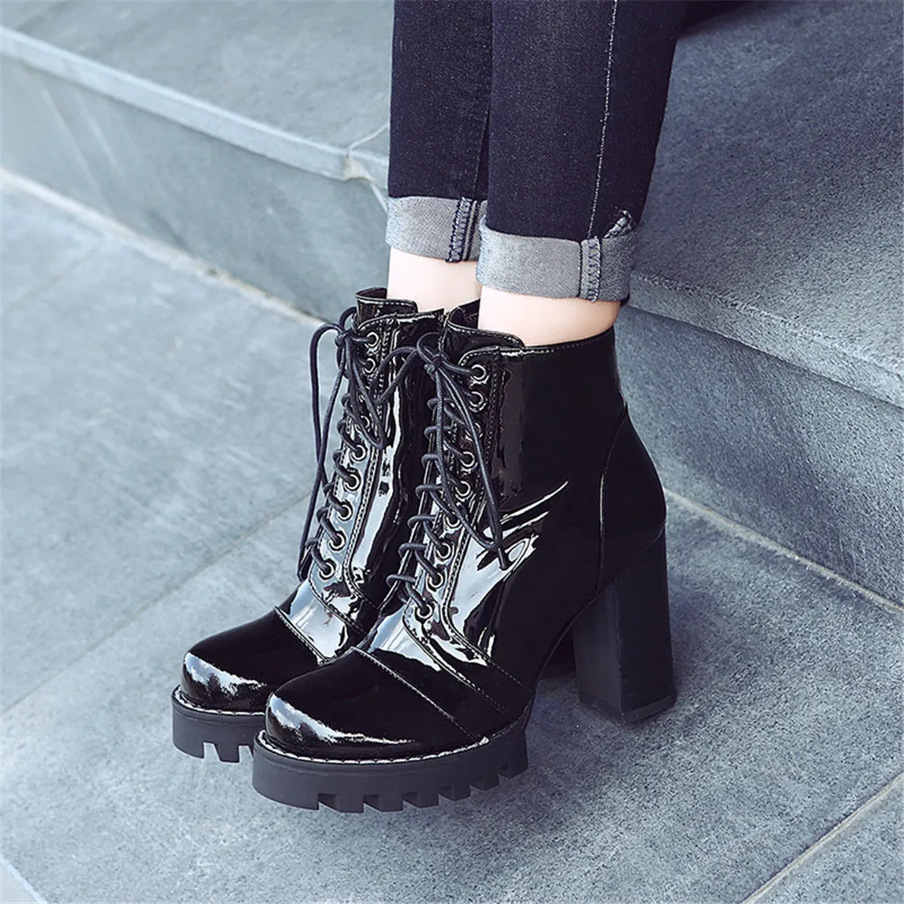 

Brand Plus Size 41 Genuine Patent Leather Ladies High Heels Platform Shoes Woman Party Runway Show Autumn Winter Ankle Boots