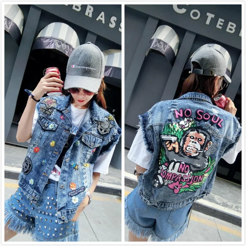 Sequined Denim Vest font b Jacket b font font b Women b font Appliques Colorful Flowers