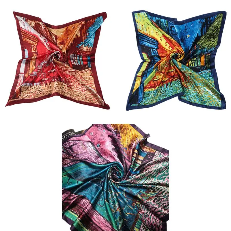 

Women Imitation Silk Sunscreen Shawl Graphic Oil Painting Coffee House Square Scarf Large Neckerchief Handbag Ribbon Head Wrap