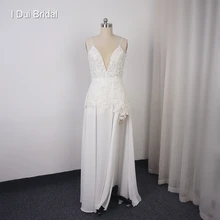 Спагетти ремень шифон свадебное платье кружева аппликация бисером свадебное платье сексуальный Сплит ноги