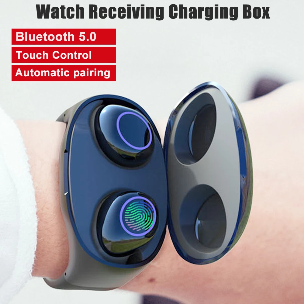 

Bluetooh 5.0 headset with Watch band charging Bluetooth Earphones Binaural Calling Wireless Earbuds Stereo Headset for phone