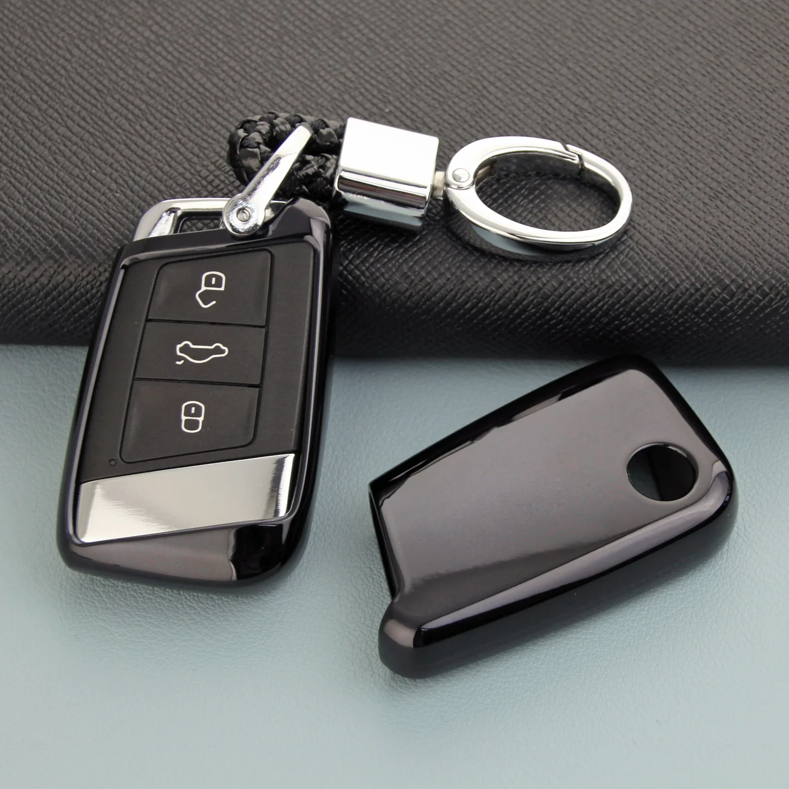

Smart Car Key Fob Cover Case Chain Ring For Volkswagen Passat B8 Arteon Atlas Teramont Jetta Black